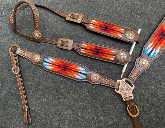 Showman Browband Headstall &amp; Breast collar set with wool southwest blanket inlay - red and orange #2